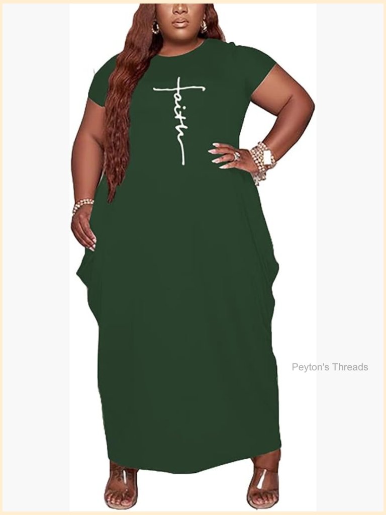 Plus Size Maxi Dress With Pockets Short Sleeve Casual Loose Faith Print